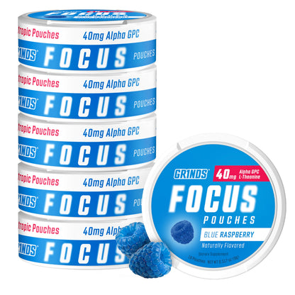 GRINDS Focus Pouches | Naturally Flavored with Nootropic Ingredients | Contains Alpha GPC and L-Theanine | Sugar-Free | 3 Pack | 18 Pouches Per Can | Blue Raspberry
