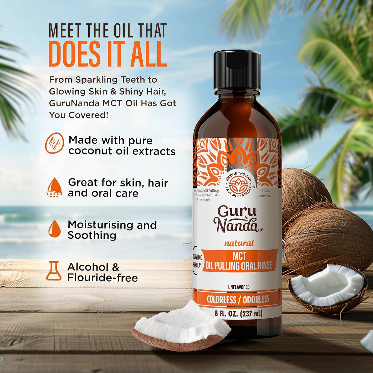 GuruNanda Coconut Oil Pulling, Fluoride & Alcohol Free Mouthwash, 8oz