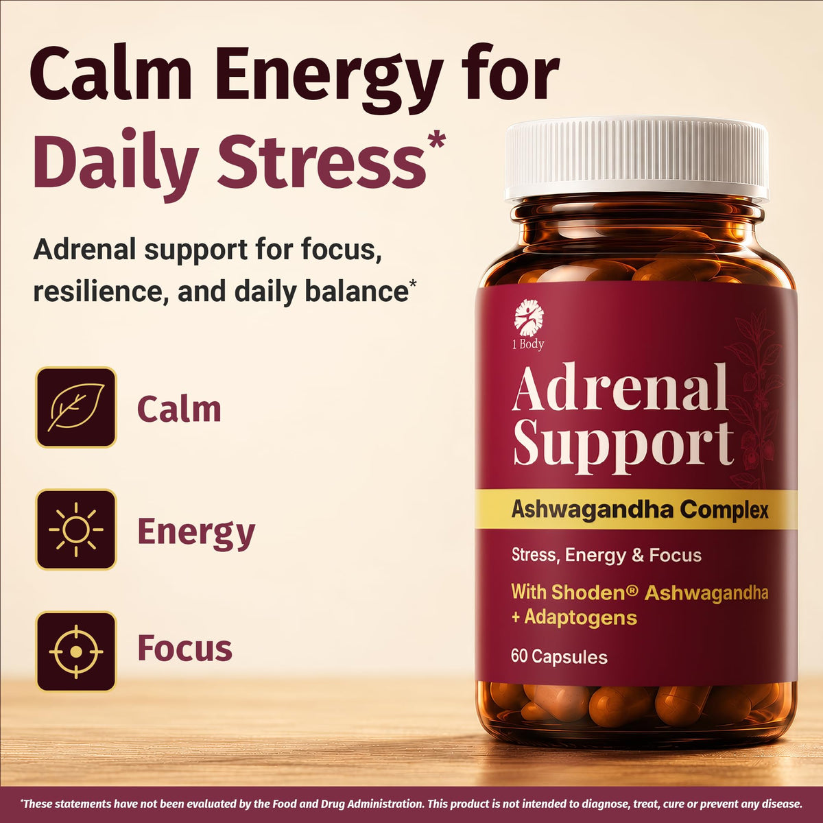 1 Body Adrenal Support Supplement, Shoden Ashwagandha + Cortisol, 60 Caps