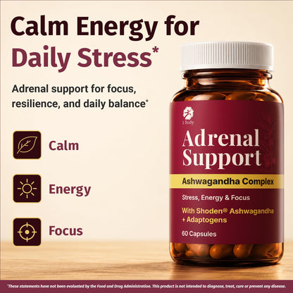 1 Body Adrenal Support Supplement, Shoden Ashwagandha + Cortisol, 60 Caps