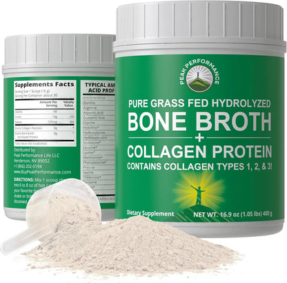 Peak Performance Hydrolyzed Bone Broth + Collagen Unflavored Protein Peptides Powder - Contains All Collagen Types: 1, 2, and 3 - Pure Pasture Raised Grass Fed, Paleo Friendly, Gluten + Dairy Free