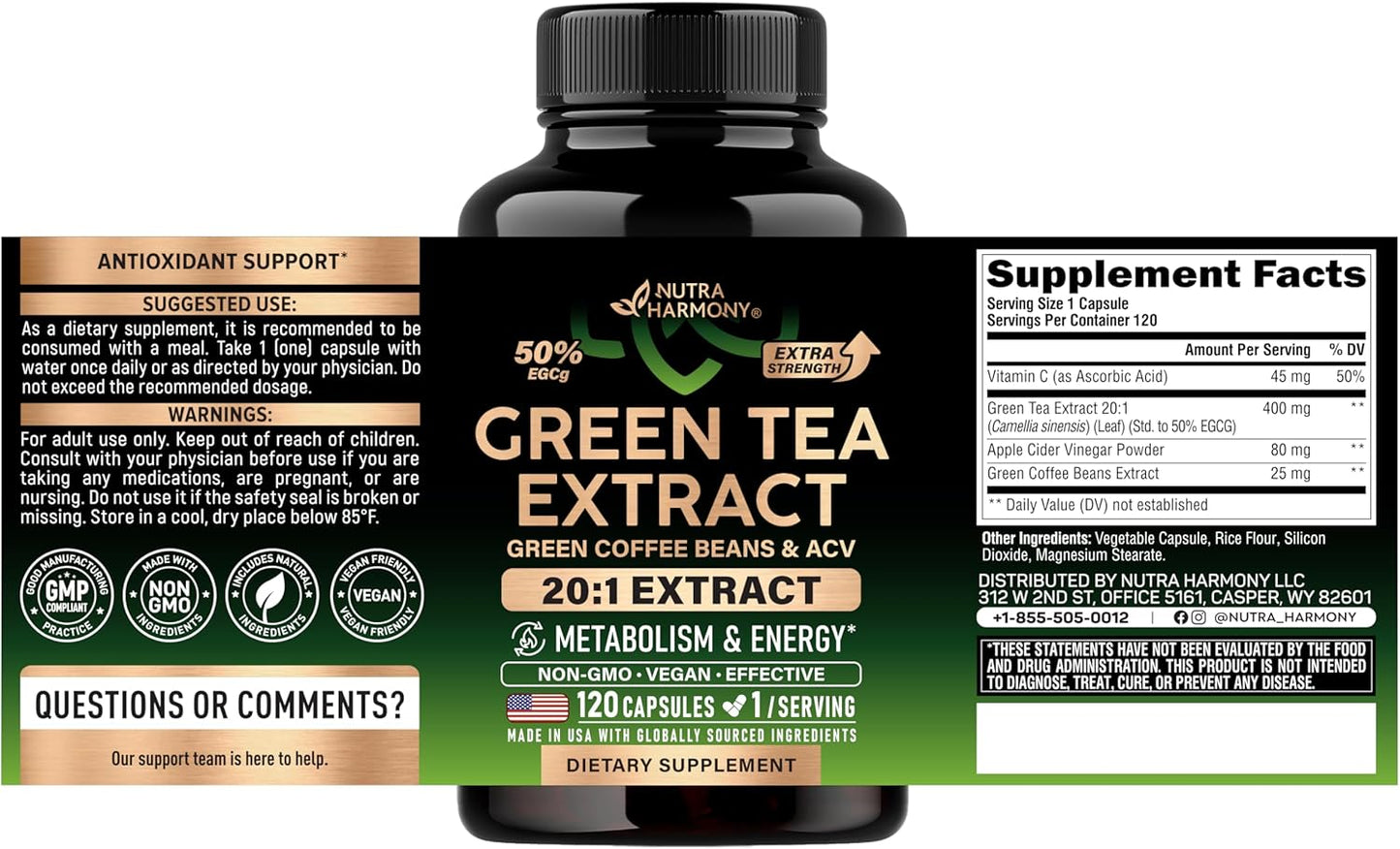 Green Tea Extract - 50% EGCG, Extra Strength 20:1 Extract - Natural Green Tea Supplement + Green Coffee Beans & Apple Cider Vinegar - Energy & Metabolism Support - for Men & Women - Vegan 120 Capsules