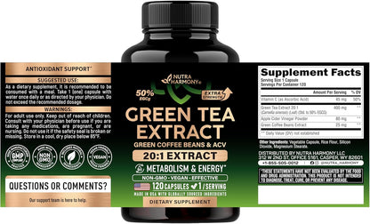 Green Tea Extract - 50% EGCG, Extra Strength 20:1 Extract - Natural Green Tea Supplement + Green Coffee Beans & Apple Cider Vinegar - Energy & Metabolism Support - for Men & Women - Vegan 120 Capsules