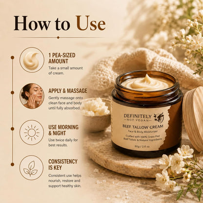 Beef Tallow Cream for Face and Body, Grass Fed Tallow Moisturizer with Manuka Honey, Collagen and Emu Oil, Unscented Handmade Skin Cream for Dry Skin, 2 fl oz