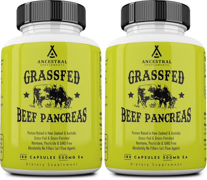 Ancestral Supplements Grass Fed Beef Pancreas Supplement, 500mg, Pancreatic Support with Proteolytic Digestive Enzymes for Digestion Support, Including Trypsin, Non GMO, 180 Capsules (Pack of 2)