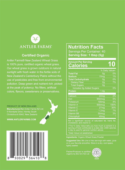 Antler Farms - 100% Pure Organic New Zealand Wheatgrass Powder, 40 Servings, 200g - Raw, Vegan, Gluten Free, Nutrient Rich, High Chlorophyll Wheat Grass, Detox, Essential Amino Acids, Minerals | 100% Pure, Raw, Vegan, Gluten Free, Nutrient Rich, High Chlo