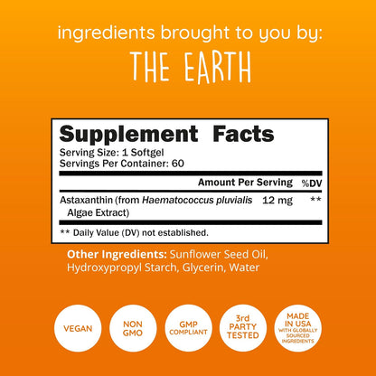 Astaxanthin Supplement 12 mg, Plant-Based Antioxidant, 60 Ct, 2 Mo Supply