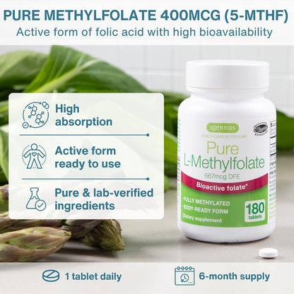 Igennus Pure Methyl Folate 400 mcg, 180 Tablets, Clean Label, Methylated Form of Folic Acid 5-MTHF (Vitamin B9), Vegan, Suitable for Pregnancy, One-a-Day, 6 Month Supply