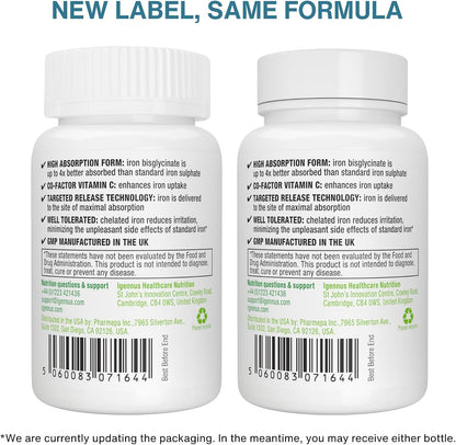 Igennus Clean & Gentle Iron Bisglycinate 20mg Plus Vitamin C, 6 Month Supply, Targeted Release, Chelated High Absorption Ferrous Bisglycinate, Vegan, 180 Tablets