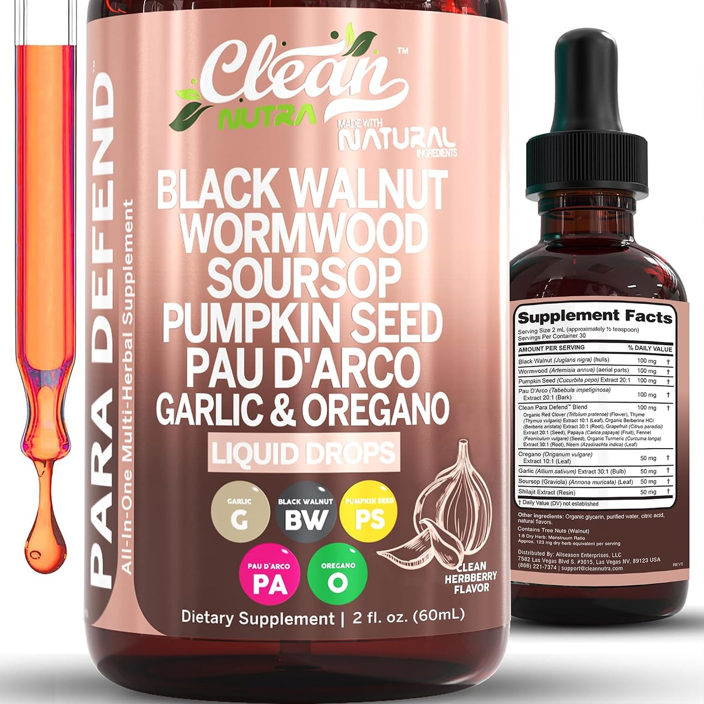 para Defend Wormwood Black Walnut Cleanse for Humans Drops Liquid Soursop Garlic Pumpkin Seed PAU D'Arco Oil of Oregano Turmeric Berberine Neem Extract Hull Bark Tincture by Clean Nutra