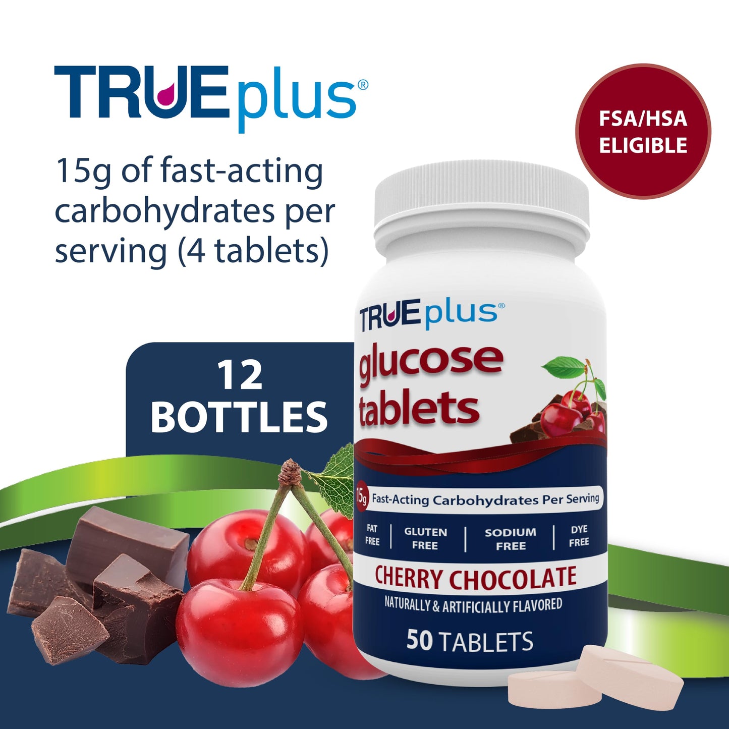 TRUEplus Glucose Tablets, Grape, Raspberry, Orange Flavors, 50 Count | Chewable Tablets, 15g Fast-Acting Carbohydrates, Fat Free, Gluten Free, Boosts Energy, Great Tasting and Easy to Use