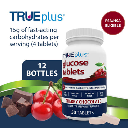 TRUEplus Glucose Tablets, Grape, Raspberry, Orange Flavors, 50 Count | Chewable Tablets, 15g Fast-Acting Carbohydrates, Fat Free, Gluten Free, Boosts Energy, Great Tasting and Easy to Use