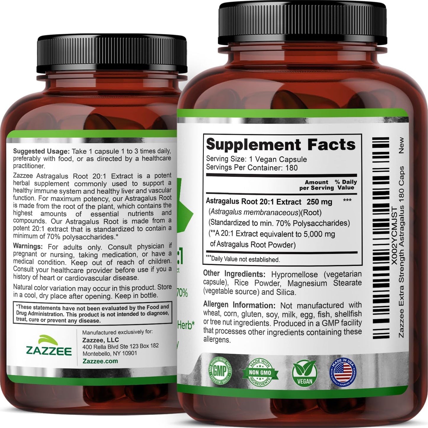 Zazzee Extra Strength Astragalus Root 20:1 Extract, 70% Polysaccharides, 180 Vegan Capsules, 6 Month Supply, Astragalus Membranaceus, Immune System Support, Non-GMO, Herbal Supplement, Made in the USA