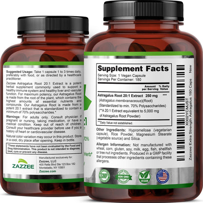 Zazzee Extra Strength Astragalus Root 20:1 Extract, 70% Polysaccharides, 180 Vegan Capsules, 6 Month Supply, Astragalus Membranaceus, Immune System Support, Non-GMO, Herbal Supplement, Made in the USA