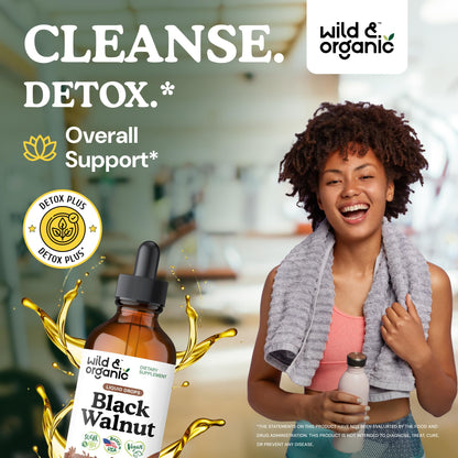 Wild & Organic Black Walnut Hull Tincture - Cleanse & Gut Support - Black Walnut Extract Supplement - Fast Absorption Liquid Drops - Add to Tea & Mix with Powder - Without Alcohol & Sugar - 4 fl oz