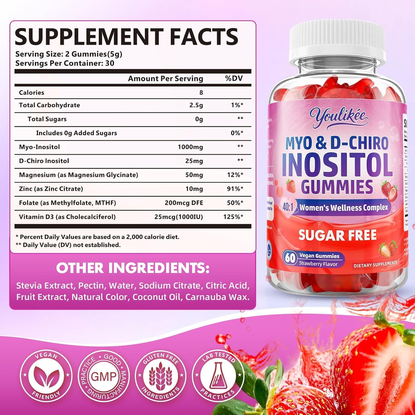 Myo-Inositol & D-Chiro Inositol Gummies for Women, Sugar-Free, 60 Count | Ideal 40:1 Ratio with Vitamin D3, Folate, Magnesium and Zinc - Support Female Health & Wellness, Strawberry Flavor