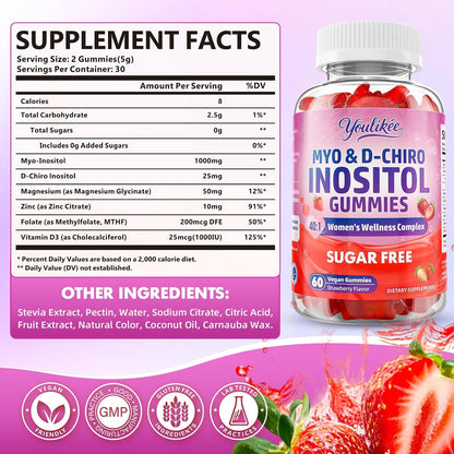 Myo-Inositol & D-Chiro Inositol Gummies for Women, Sugar-Free, 60 Count | Ideal 40:1 Ratio with Vitamin D3, Folate, Magnesium and Zinc - Support Female Health & Wellness, Strawberry Flavor