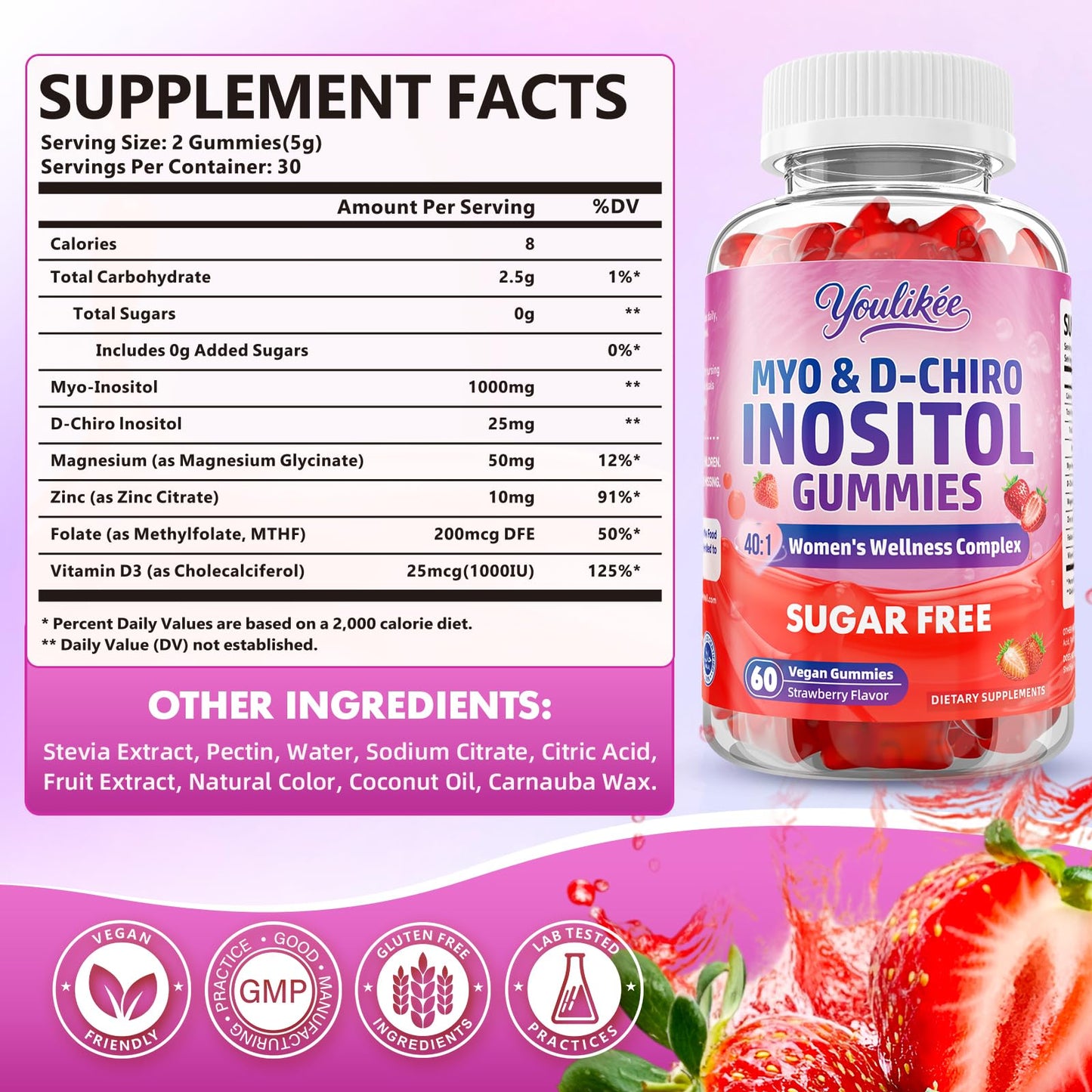 Myo-Inositol & D-Chiro Inositol Gummies for Women, Sugar-Free, 60 Count | Ideal 40:1 Ratio with Vitamin D3, Folate, Magnesium and Zinc - Support Female Health & Wellness, Strawberry Flavor