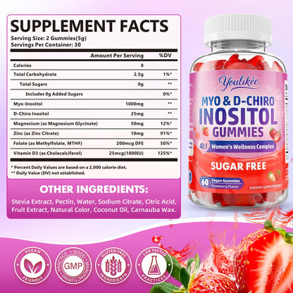 Myo-Inositol & D-Chiro Inositol Gummies for Women, Sugar-Free, 60 Count | Ideal 40:1 Ratio with Vitamin D3, Folate, Magnesium and Zinc - Support Female Health & Wellness, Strawberry Flavor