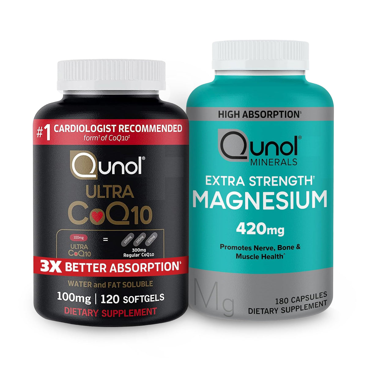 Qunol CoQ10 100mg Softgels, 3X Better Absorption 4 Month Supply + 120 Count Magnesium 