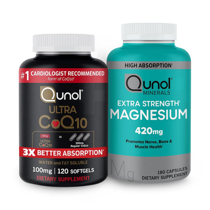 Qunol CoQ10 100mg Softgels, 3X Better Absorption 4 Month Supply + 120 Count Magnesium 