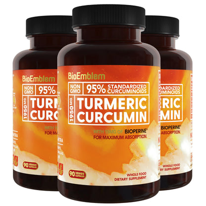 BioEmblem Turmeric Curcumin Supplement with BioPerine | Joint Support & Heart Health | with Organic Turmeric Powder & 95% Curcuminoids Extract | California Made, Non-GMO, 30-Day Supply