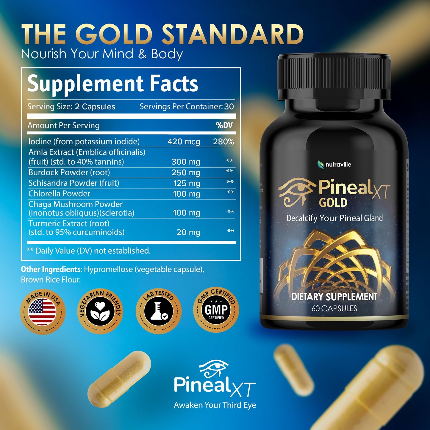 Pineal XT Gold Pineal Gland Supplement, Third Eye Awakening | Focus and Memory Supplement for Brain, 7 Powerful Ingredients Detox and Activate Your Pineal Gland, 30 Count, 1 Daily