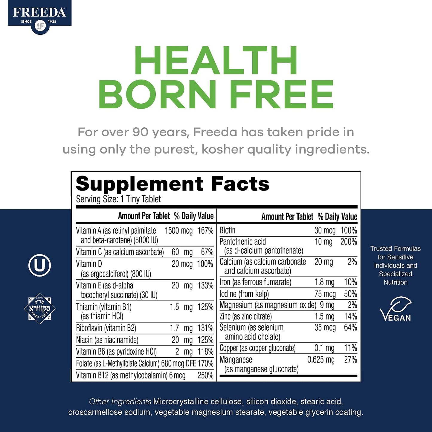 Freedavite Tiny Tablet - Moderate Multivitamin for Men and Women - Pure Vitamin A, C, D, E, B1, B2, B6, B12, Biotin, Calcium, Zinc, Iron, Magnesium, Manganese, Copper, Selenium, Iodine - 250 Count | Supports Energy, Immunity, Bone & Brain Health – 20 Esse