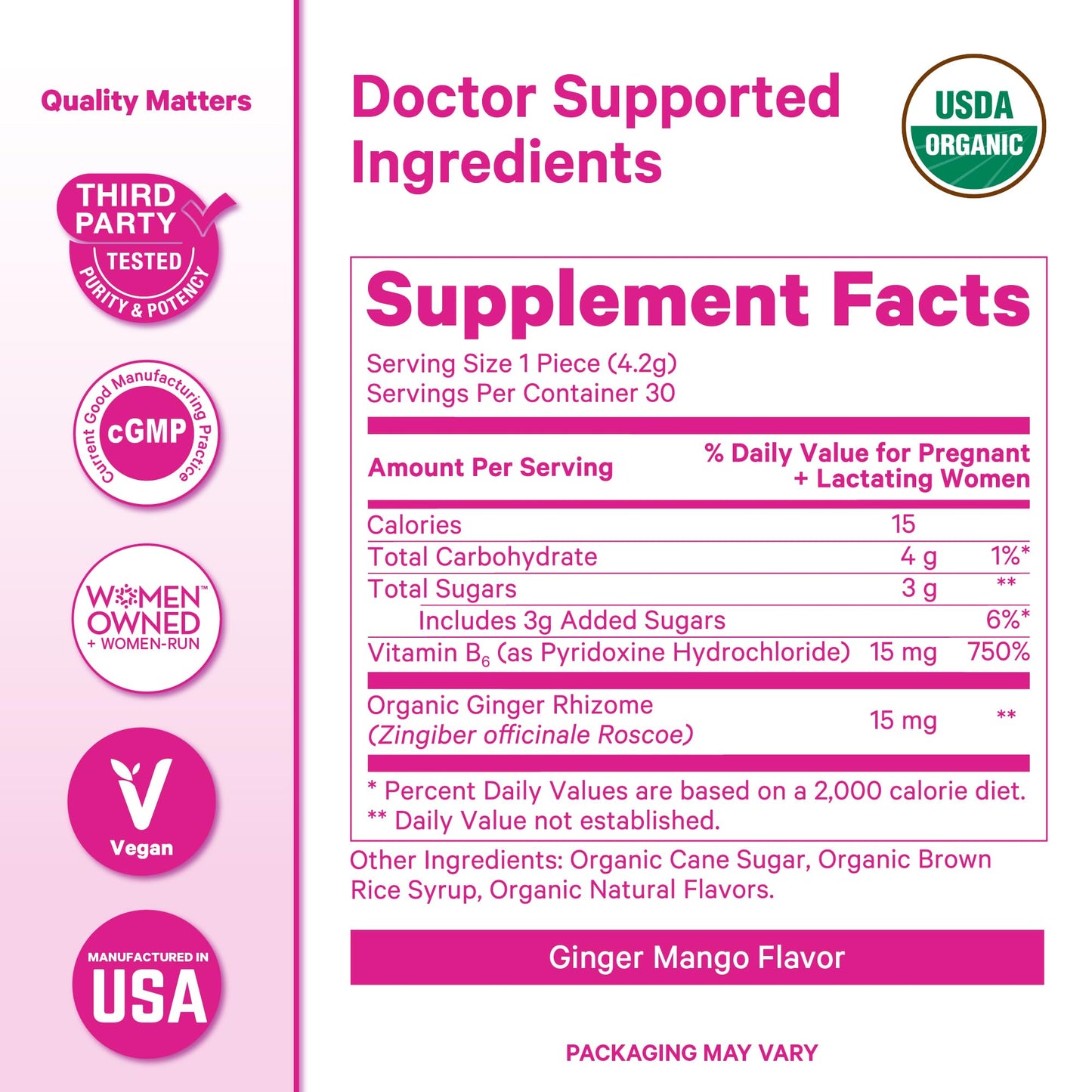Pink Stork Morning Sickness Sweets Organic Raspberry Ginger, 30 Count | USDA Organic Ginger + Vitamin B6, Motion Sickness Support, Digestive Comfort + Heartburn Support, 30 Wrapped Drops