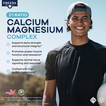 Freeda Calcium Magnesium 2:1 Supplement - 250 Capsules | Vegan Calcium & Magnesium Formula - Third-Party Tested - Support Bone Strength, Muscle Relaxation, and Healthy Nerve Function