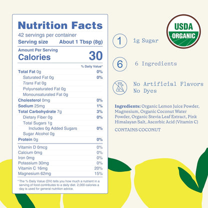 GoodOnya Organic Hydration Electrolyte Drink Mix, Certified Organic Hydration Powder, Non-GMO, Biochecked Glyphosate Free, Low Sugar, Lemonade Flavor, No Artificial Flavors, 42 Servings