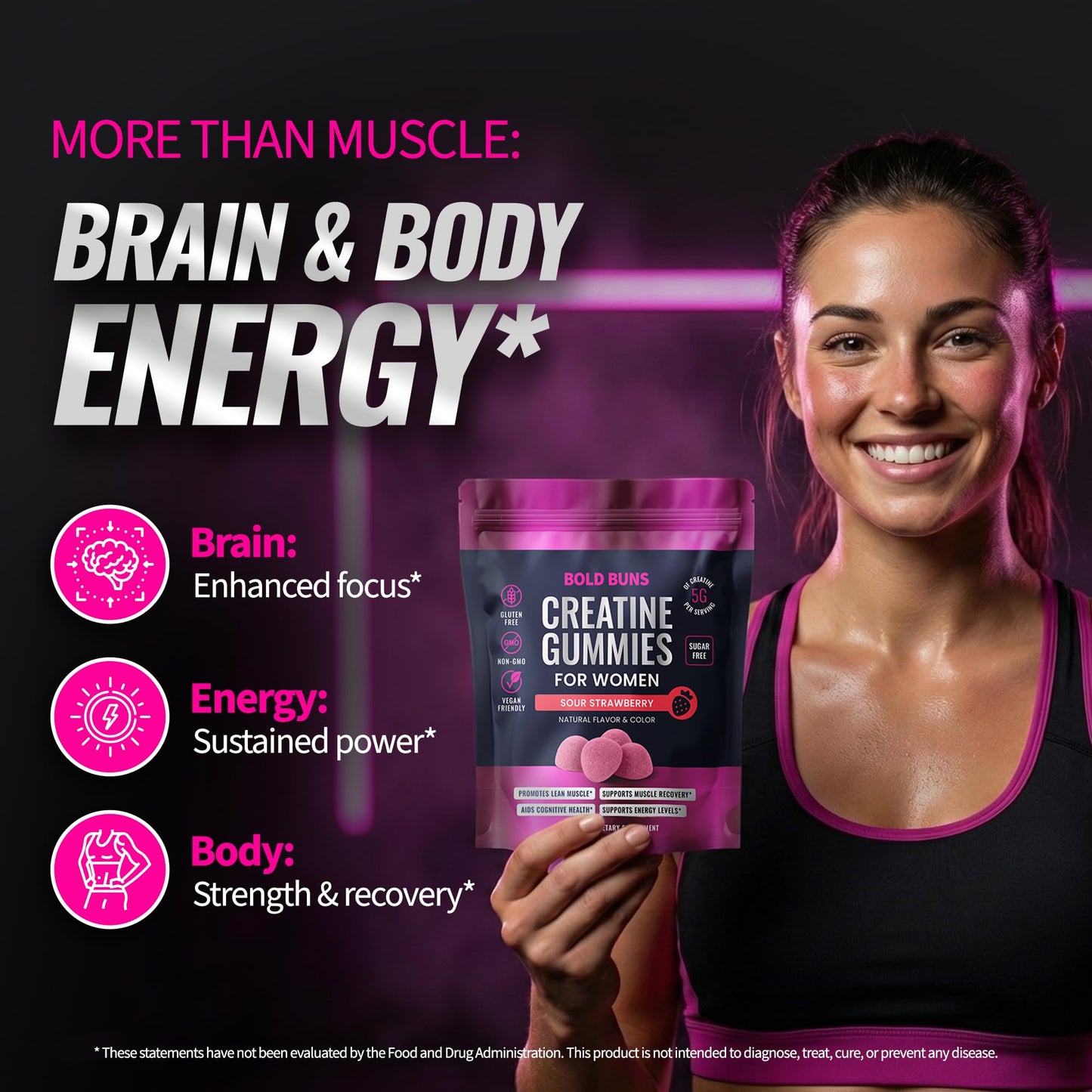 Bold Buns Creatine for Women – Supplement with Collagen & BCAA – Supports Muscle Development, Post-Workout Recovery, Skin Elasticity, Healthy Hair & Nail (30 Servings, Unflavored)