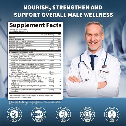 Prostate Health Supplements for Men - Urinary Tract Health, Support 60 CT | 18 IN 1with Pumpkin Seed & Nettle Advanced DHT Blocker - with Saw Palmetto Ashwagandha, Reishi