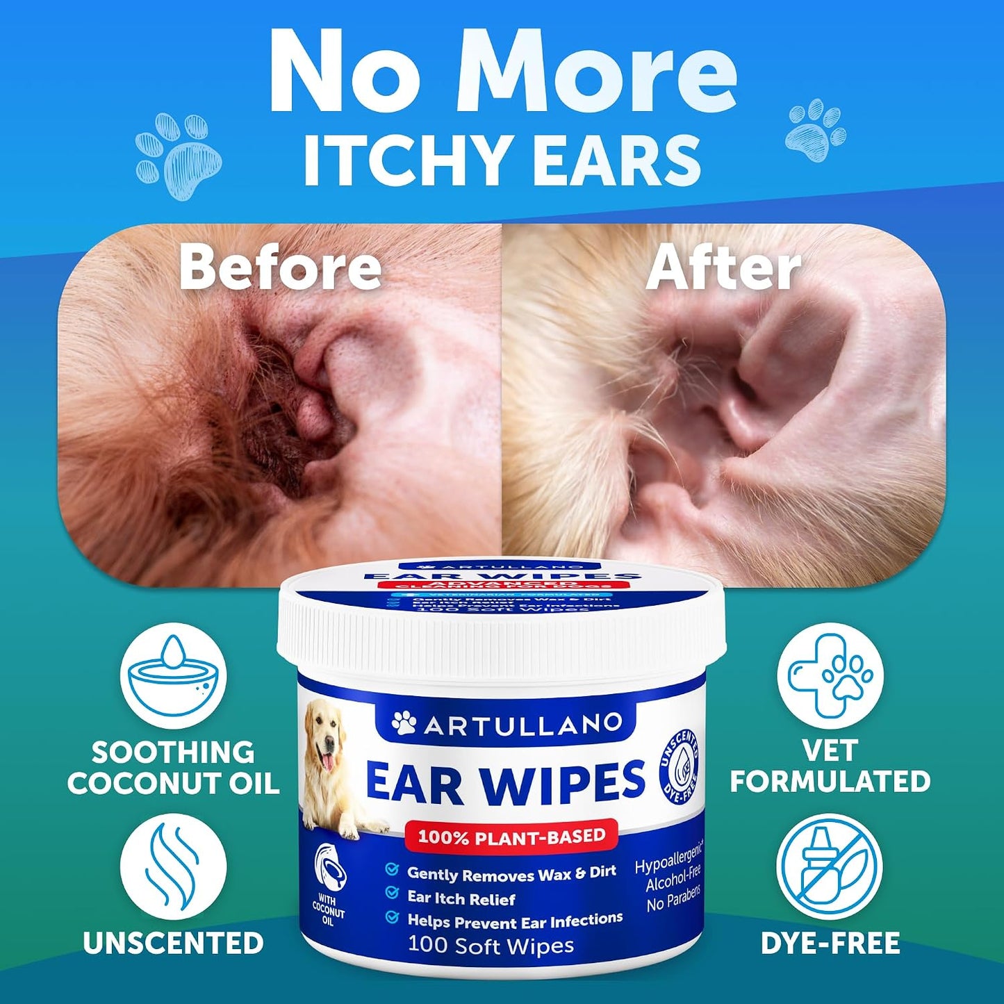 Artullano Dog Ear Cleaner Wipes - Pet Ear Support - All Canine Breeds - Ear Care Kit, Dogs