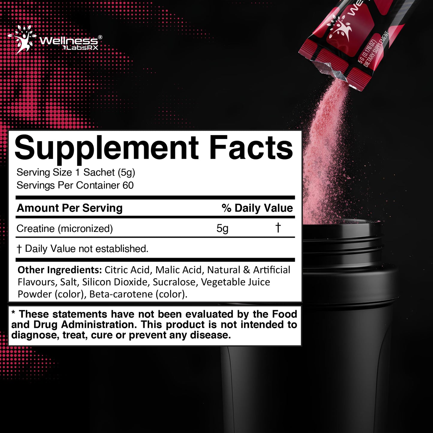 WELLNESS LABSRX Creatine Monohydrate Powder Sachets 300g – Fruit Punch Flavor Micronized Creatine Powder Supplement, Creatine for Women and Men, Supports Strength, Energy, Performance - 60 Servings