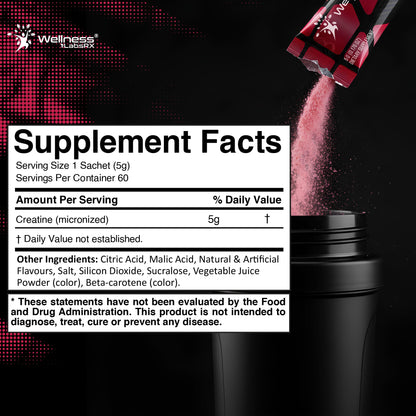 WELLNESS LABSRX Creatine Monohydrate Powder Sachets 300g – Fruit Punch Flavor Micronized Creatine Powder Supplement, Creatine for Women and Men, Supports Strength, Energy, Performance - 60 Servings