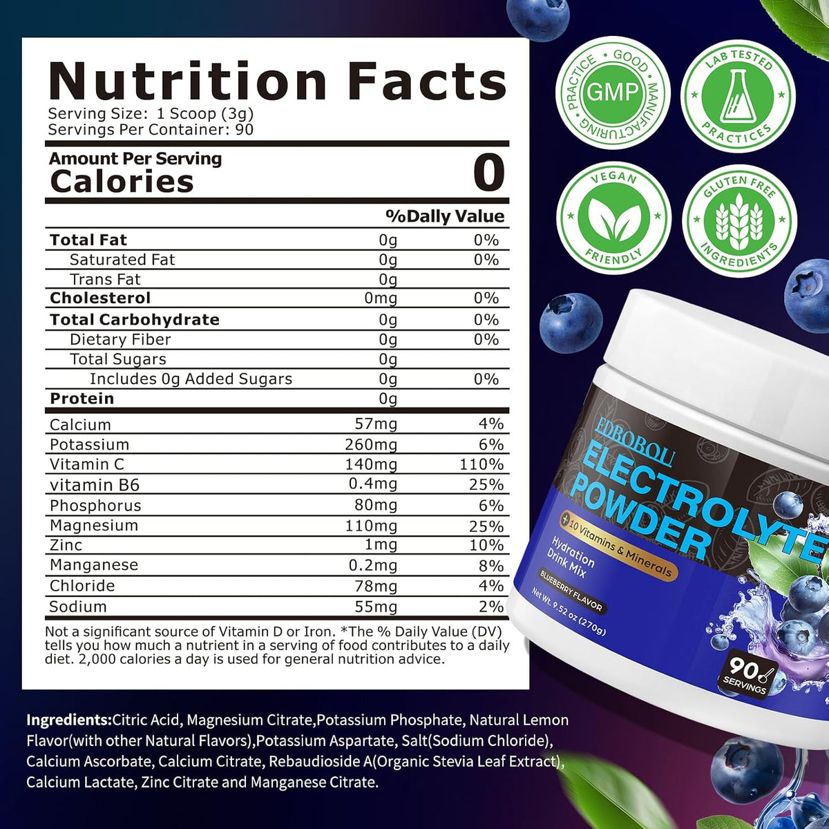 Sugar Free Blueberry Electrolyte Powder Hydration Drink Mix Keto Friendly, Vegan, Non-GMO Fast Hydration with Potassium, Magnesium, Sodium Gluten Free, No Artificial Additives, 90 Servings