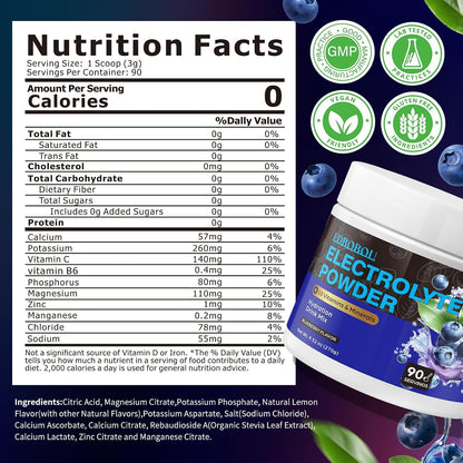 Sugar Free Blueberry Electrolyte Powder Hydration Drink Mix Keto Friendly, Vegan, Non-GMO Fast Hydration with Potassium, Magnesium, Sodium Gluten Free, No Artificial Additives, 90 Servings