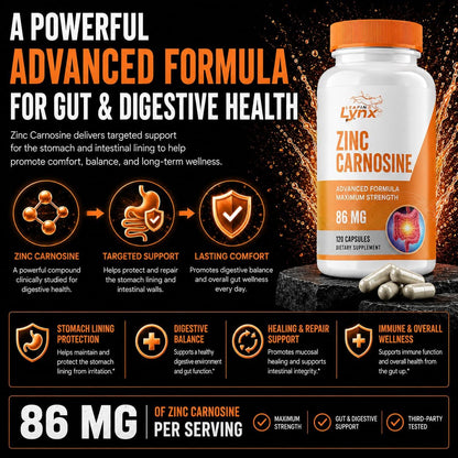Zinc Carnosine 86 mg – Clinically Studied Zinc + L-Carnosine Complex for Gut Lining & Stomach Support | 120 Capsules (60-Day Supply) | Digestive Comfort, Mucosal Repair & Balance | Non-GMO
