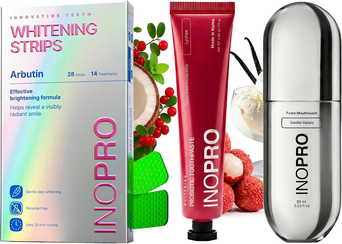 InoPro Teeth Whitening Strips 14 Treatments Kit + Lychee Nano-Hydroxyapatite Whitening Toothpaste with Probiotic + Vanilla Gelato Foam Mouthwash with Nano-Hydroxyapatite, Xylitol, Hyaluronic Acid