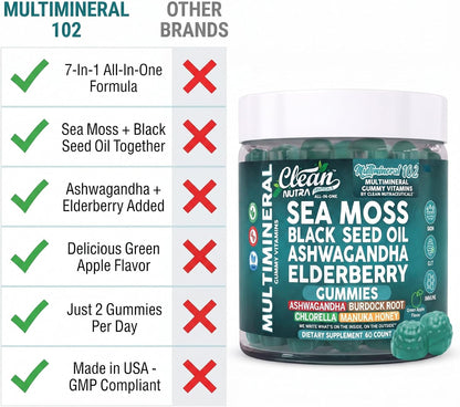 Sea Moss Gummies | Clinically Tested - Black Seed Oil Ashwagandha Elderberry Burdock Root Chlorella Manuka Honey - Vegan Irish Sea Moss Gummy Vitamins for Adults Kids Men Women - Green Apple Flavor