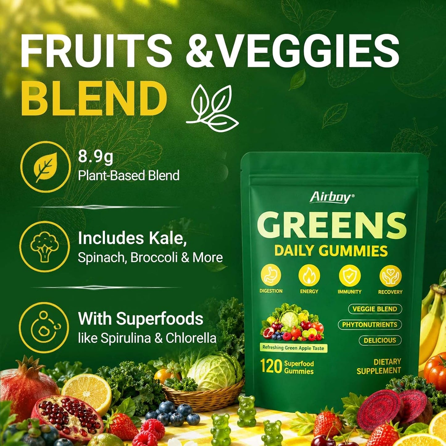 Greens Daily Gummies, Super Greens Multivitamin Gummy for Women and Men, Superfood Gummies with Spirulina, Chlorella, Adaptogens,Fruits, Vegetables, Support Digestion Gut Health - 20 Servings