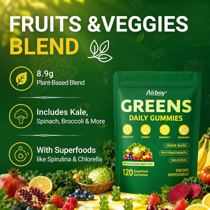 Greens Daily Gummies, Super Greens Multivitamin Gummy for Women and Men, Superfood Gummies with Spirulina, Chlorella, Adaptogens,Fruits, Vegetables, Support Digestion Gut Health - 20 Servings