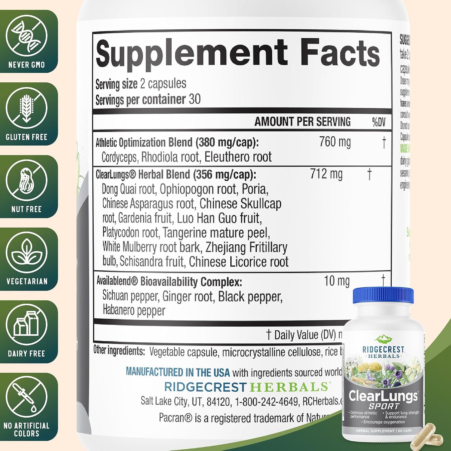 RidgeCrest Herbals ClearLungs Sport Oxygen and Lung Support 60 Ct | 30 Servings, Cordyceps, Rhodiola, Eleuthero, Natural Endurance, Stamina and Athletic Performance Support Formula