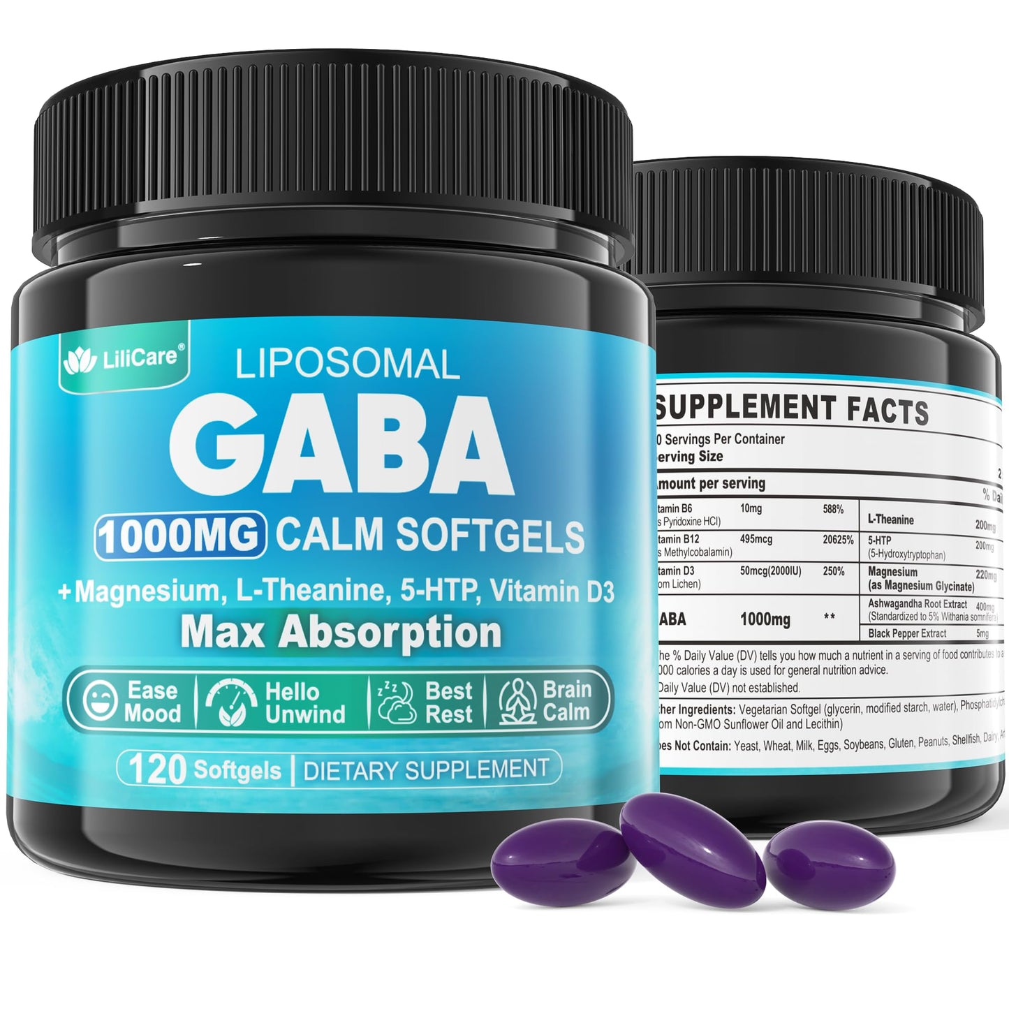 GABA Supplement - 1000 mg Liposomal Form for Optimal Absorption, GABA with L-Theanine, Magnesium Glycinate, 5HTP, Vitamin D3 for Calm, Relaxation, Mood, Restful Night - Melatonin-Free 120 Softgels.