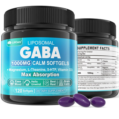 GABA Supplement - 1000 mg Liposomal Form for Optimal Absorption, GABA with L-Theanine, Magnesium Glycinate, 5HTP, Vitamin D3 for Calm, Relaxation, Mood, Restful Night - Melatonin-Free 120 Softgels.