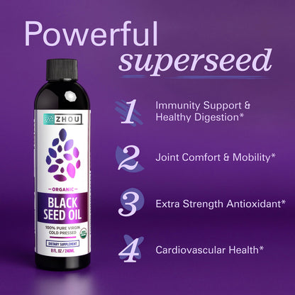 Zhou Organic Black Seed Oil | 100% Virgin Cold Pressed Omega 3 6 9 | Super Antioxidant