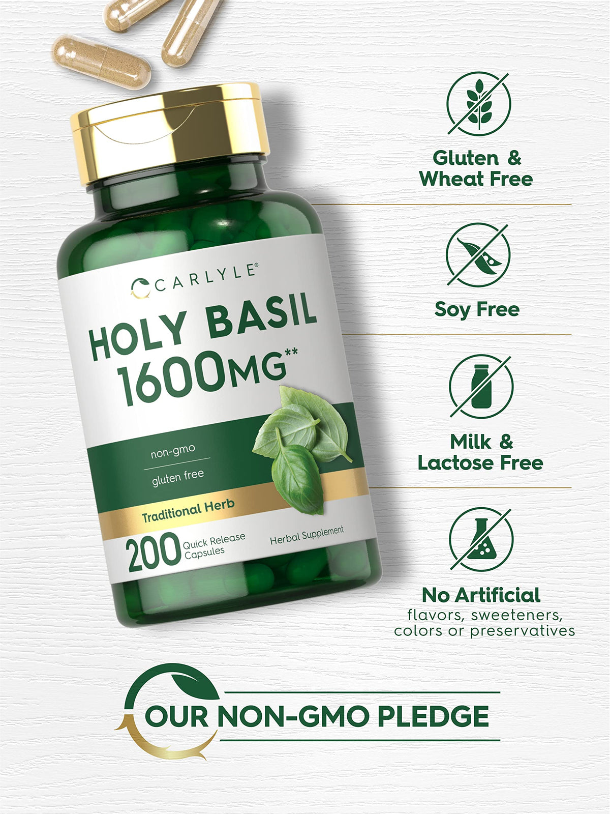 Carlyle Holy Basil Capsules 1600 mg | 200 Count | Tulsi Holy Basil Leaf Extract | Herbal