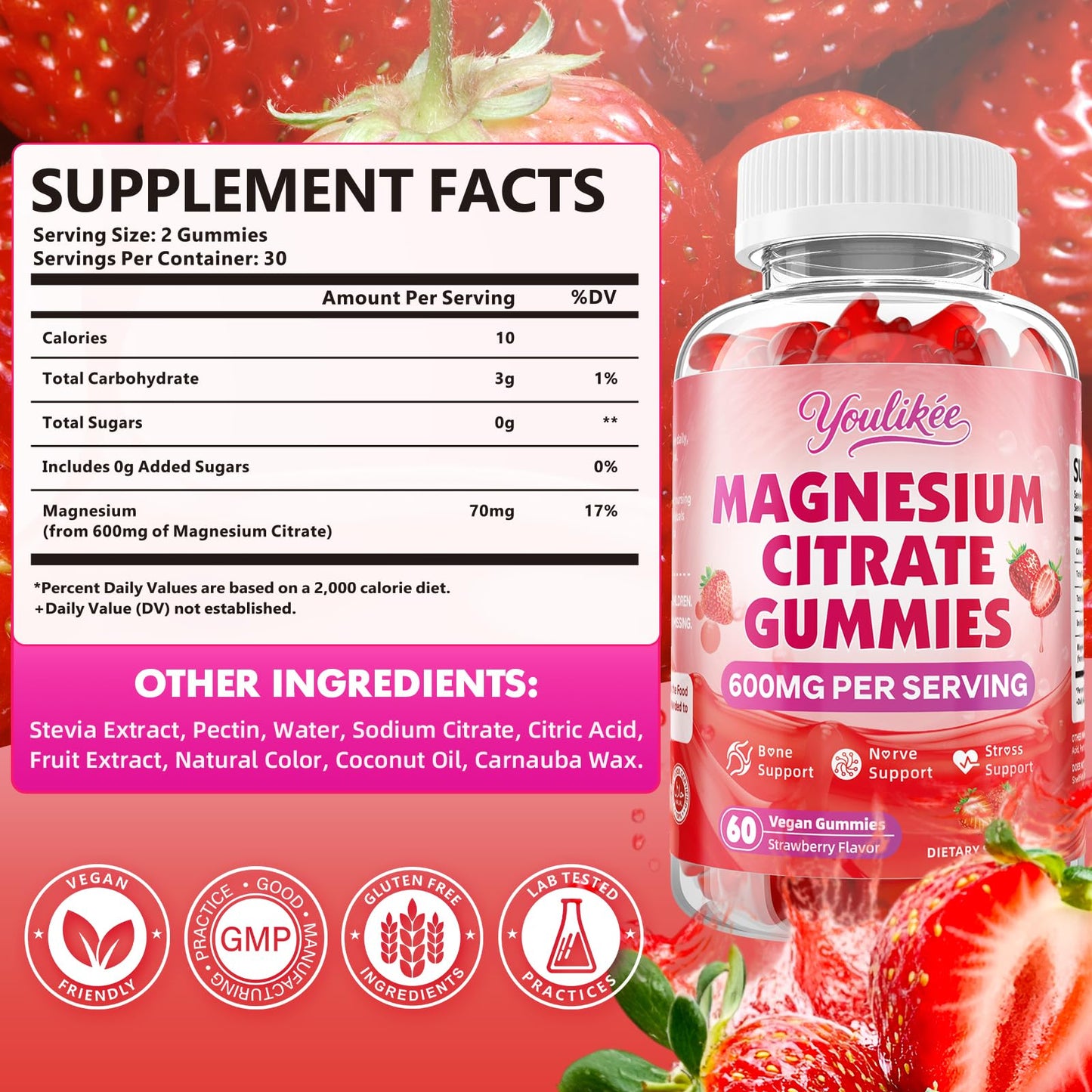 Magnesium Citrate Gummies, High Absorption Magnesium Gummies for Adults | Magnesium Supplement for Relaxation, Vegan, Sugar-Free, Strawberry Flavor, 60 Count