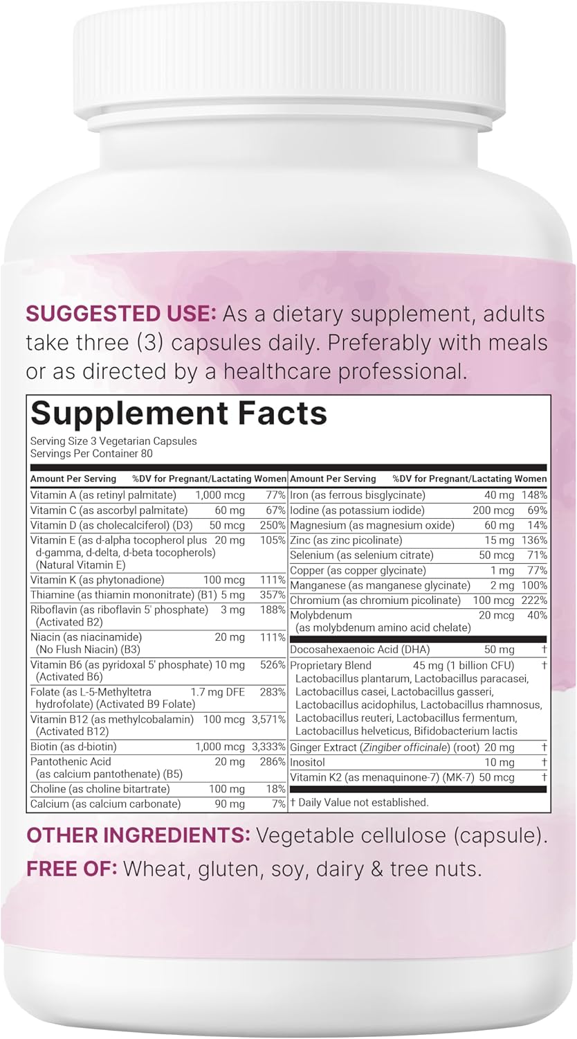 Micro Ingredients Prenatal Vitamins for Women | 38-in-1 with Folate, DHA, Choline, Iron, Probiotics, Inositol, & Vitamin C, D, B Complex | No Fillers | 240 Veggie Capsules